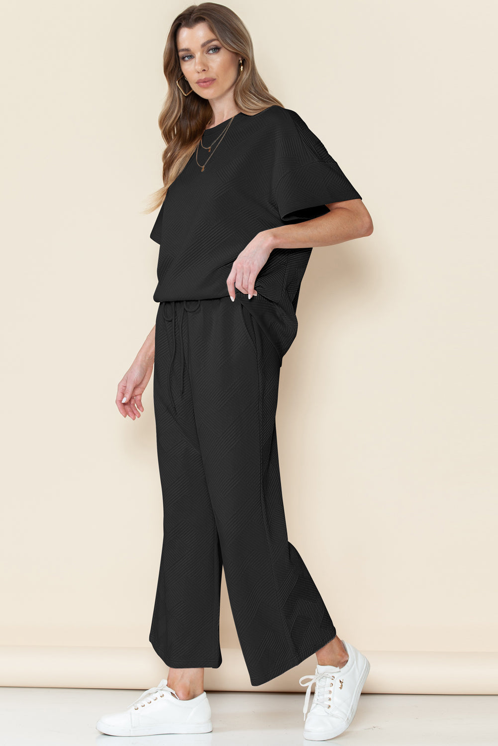 Textured Loose Fit T Shirt and Drawstring Pants Set