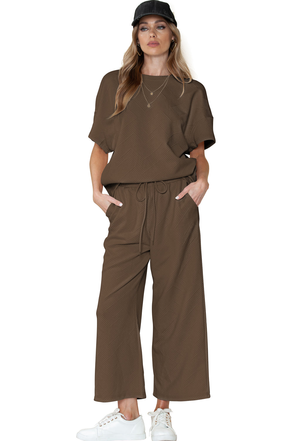 Textured Loose Fit T Shirt and Drawstring Pants Set