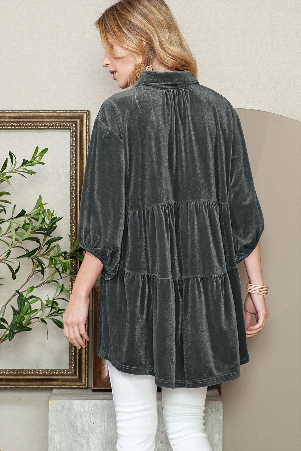 Lantern Sleeve Tunic Babydoll Velvet Shirt