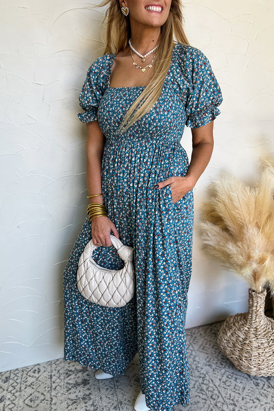 Vintage Floral Smocked Wide Leg Jumpsuit