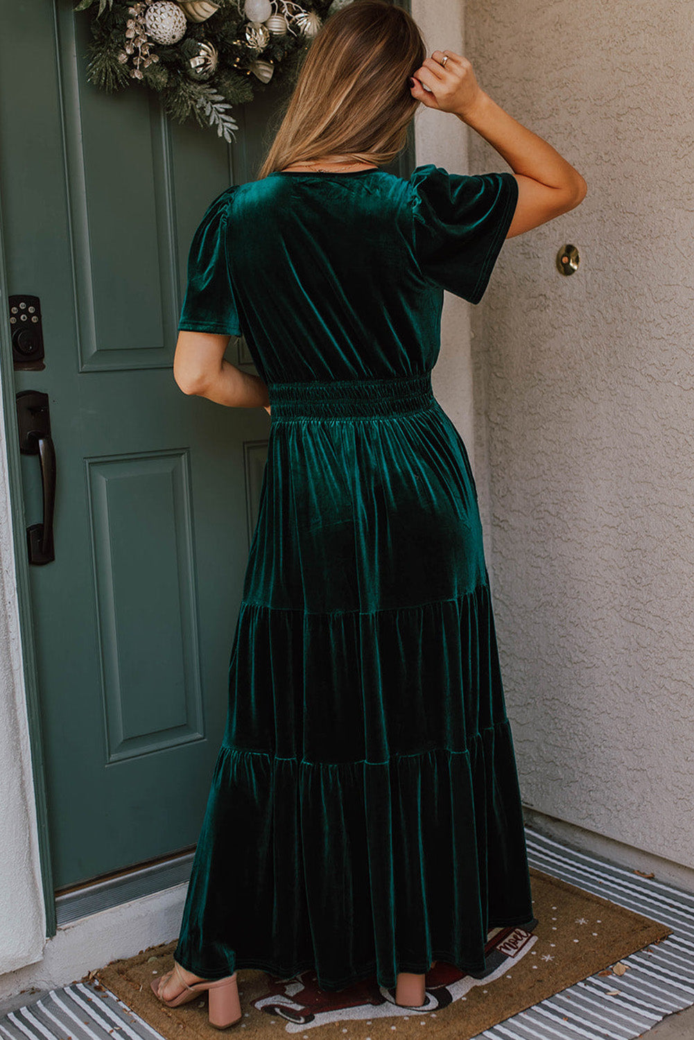 Velvet Smocked Waist Tiered Maxi Dress