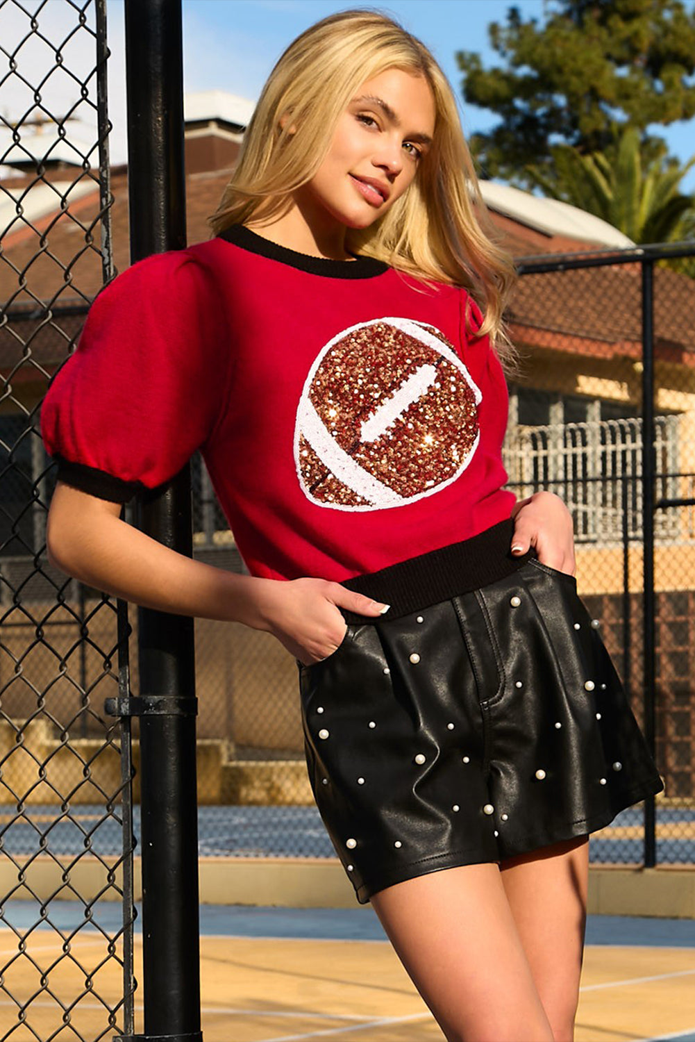 Sequin Football Puff Sleeve Knit Top