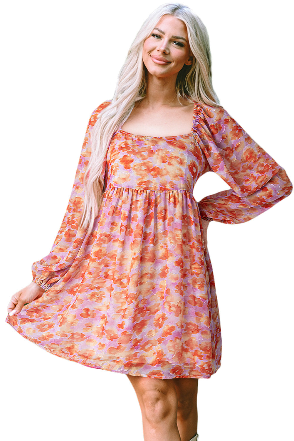 Rose Floral Print Square Neck Dress