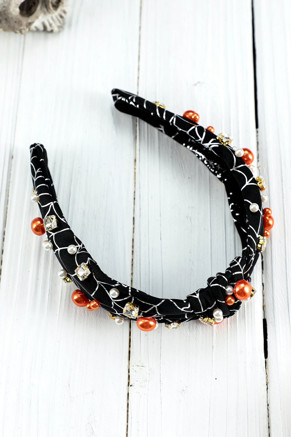 Black Pearled Rhinestone Spiderweb Halloween Headband