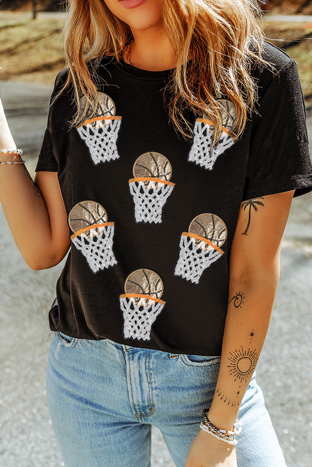 Black Sequin Basketball Game Day T Shirt