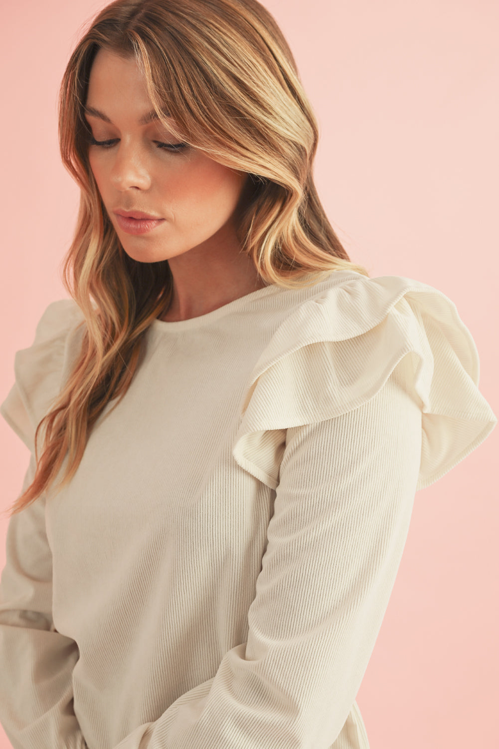 Beige Corduroy Ruffled Sleeve Blouse