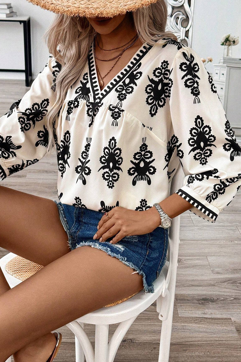 Ethnic Print V-Neck Blouse