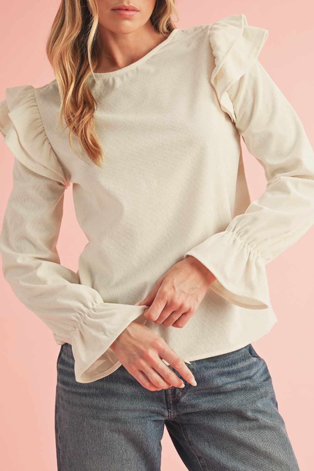 Beige Corduroy Ruffled Sleeve Blouse