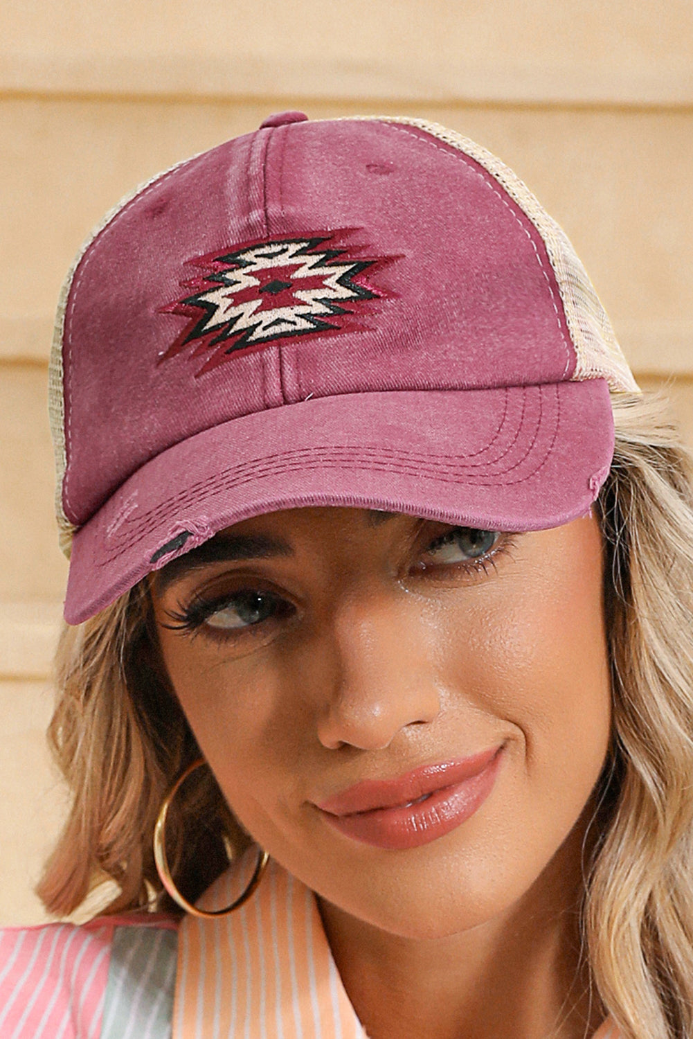 Coral Geometric Distressed Baseball Cap