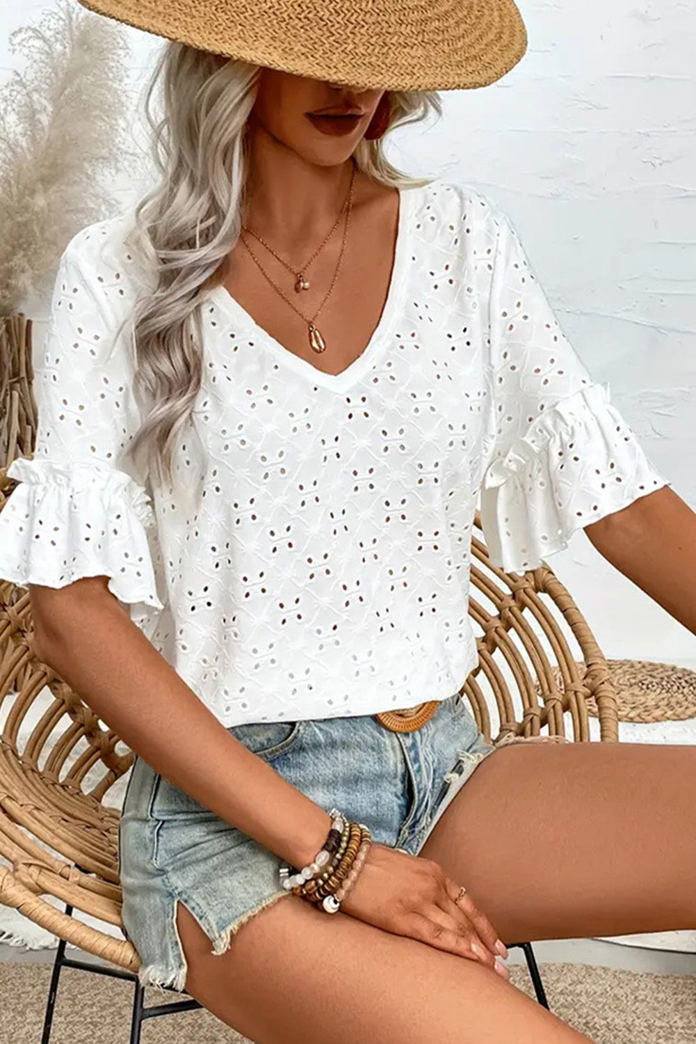 Eyelet V-Neck Short Sleeve Top