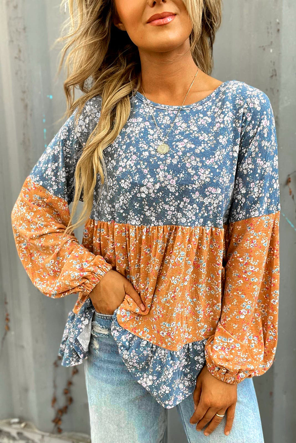 Ditsy Floral Ruffle Hem Long Sleeve Top