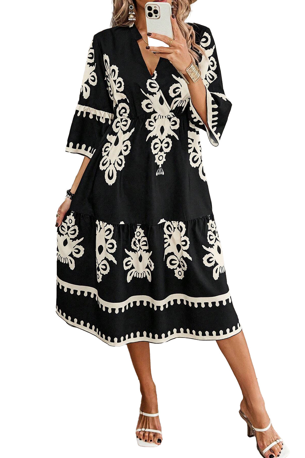 Black Print 3/4 Sleeve Loose Midi Dress