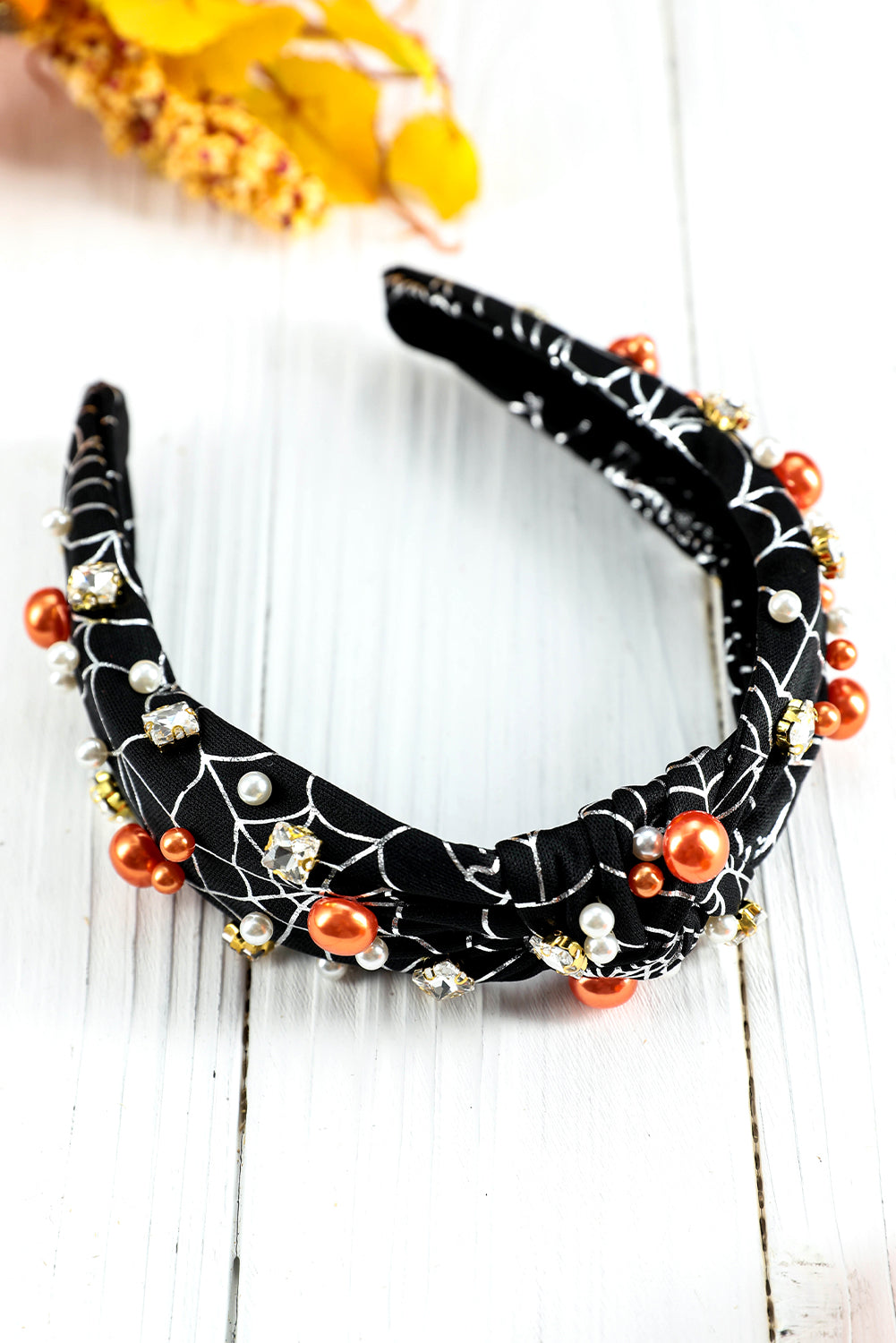 Black Pearled Rhinestone Spiderweb Halloween Headband