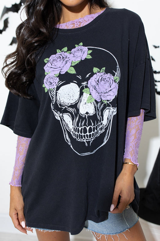 Black Floral Skull Graphic Halloween Tunic T Shirt