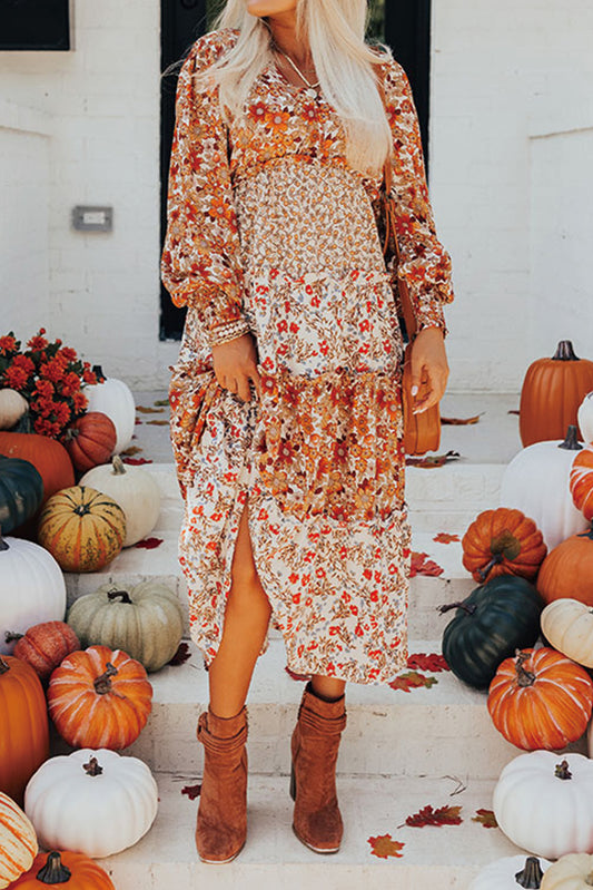 Floral Print Ruffled Tiered Long Sleeve V Neck Midi Dress