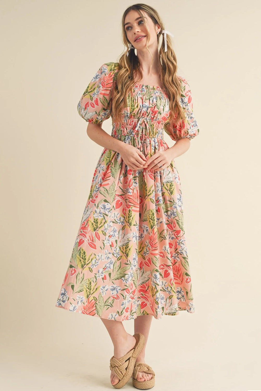 Floral Knot Front Smocked Dress