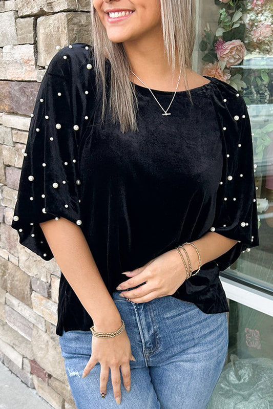 Black Pearl Beaded Velvet Top