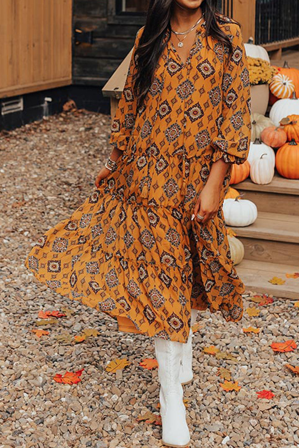 Orange Geo Print Tiered Midi Dress