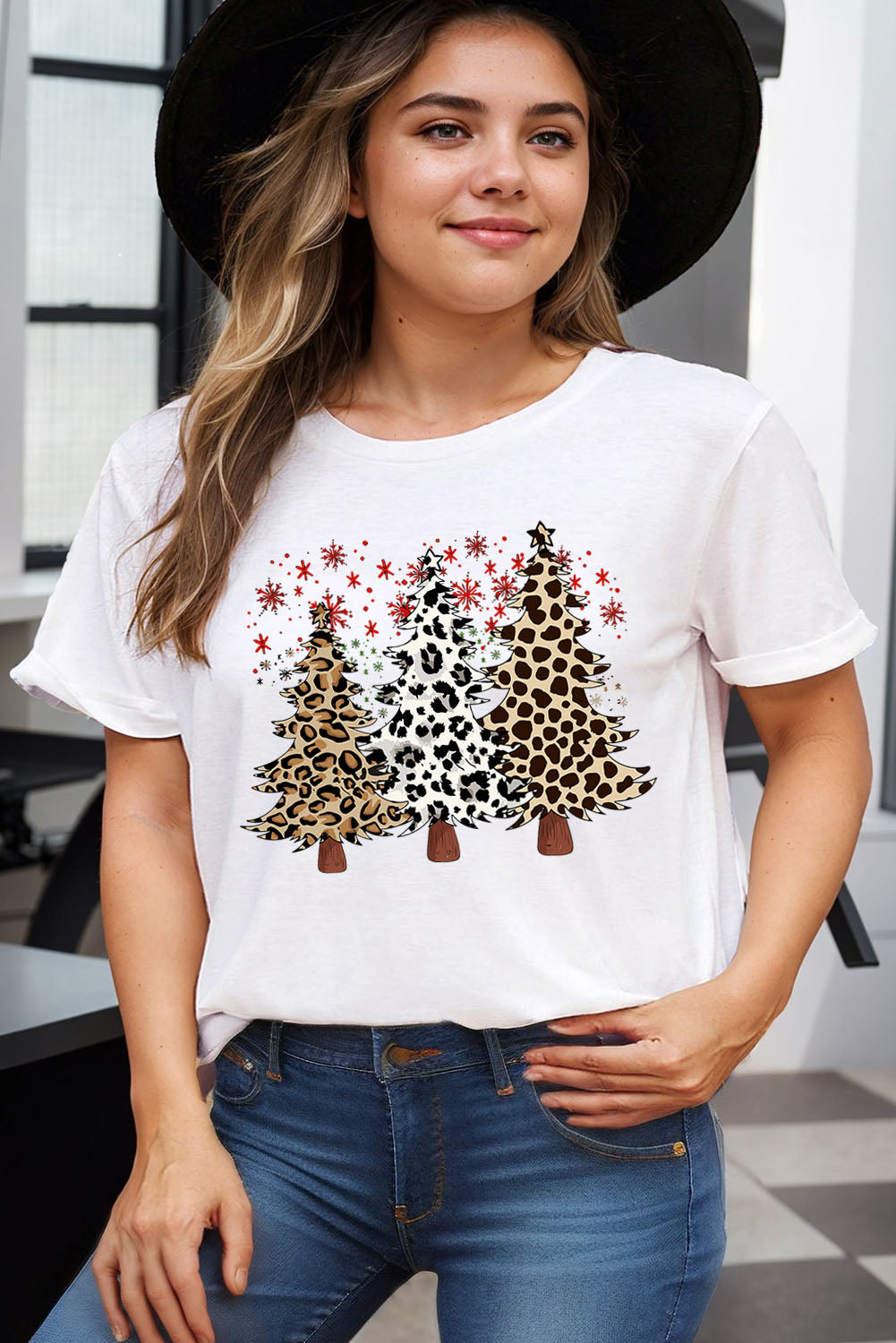 White Leopard Christmas Tree Printed Tee - Plus