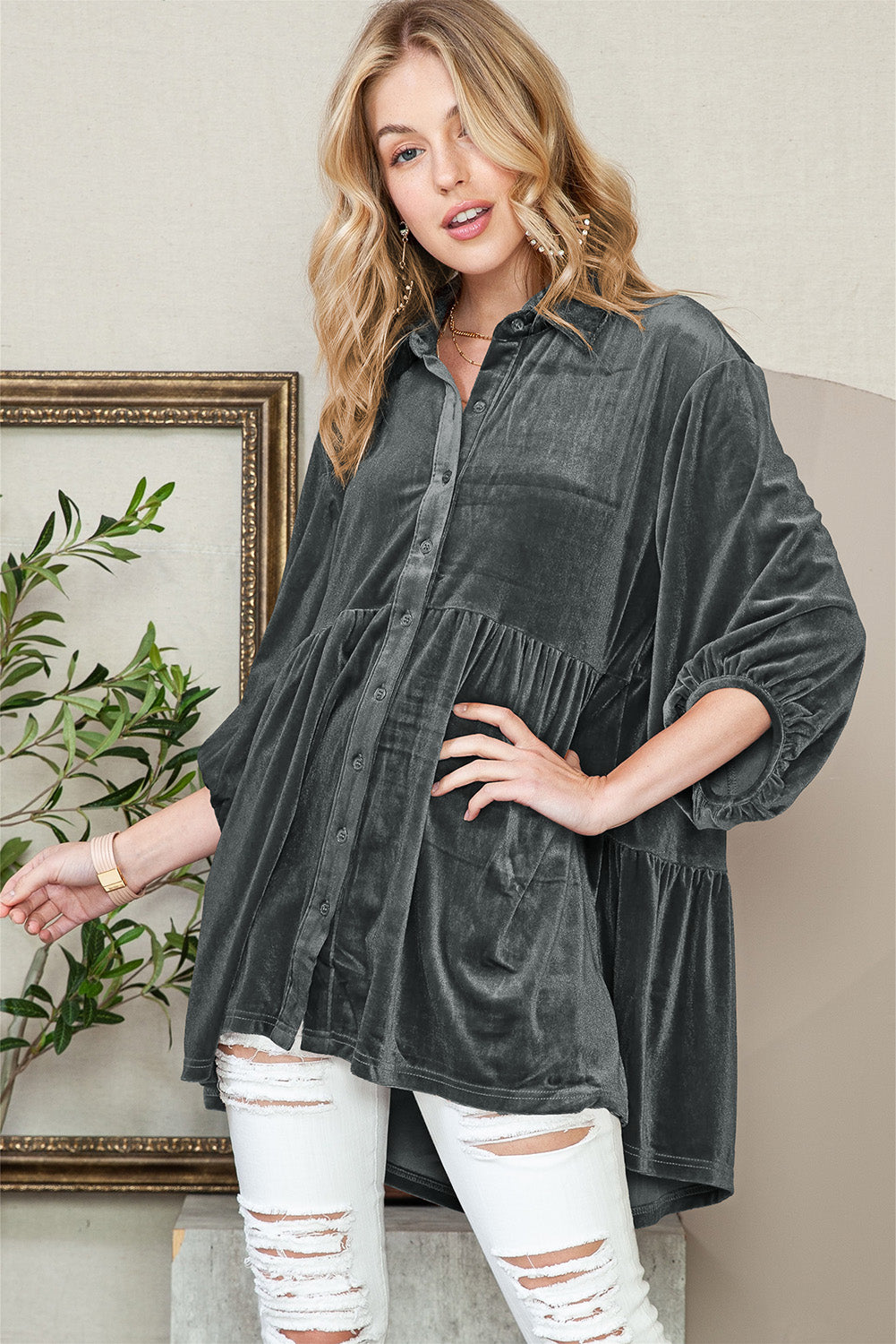 Lantern Sleeve Tunic Babydoll Velvet Shirt