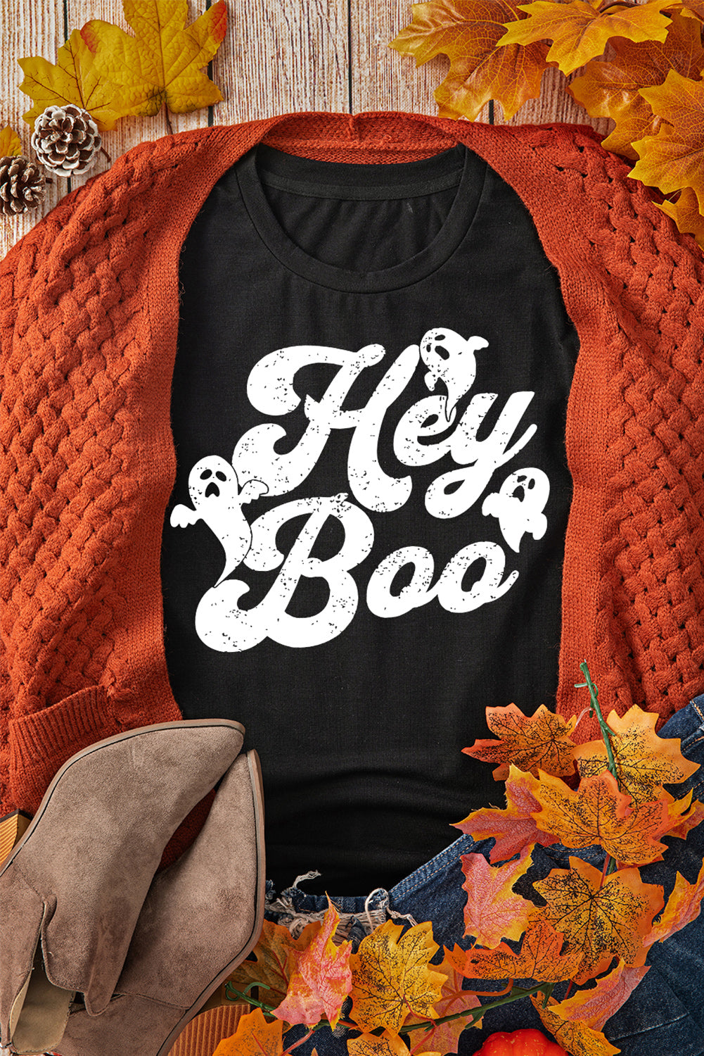 Hey Boo Ghost Print T Shirt