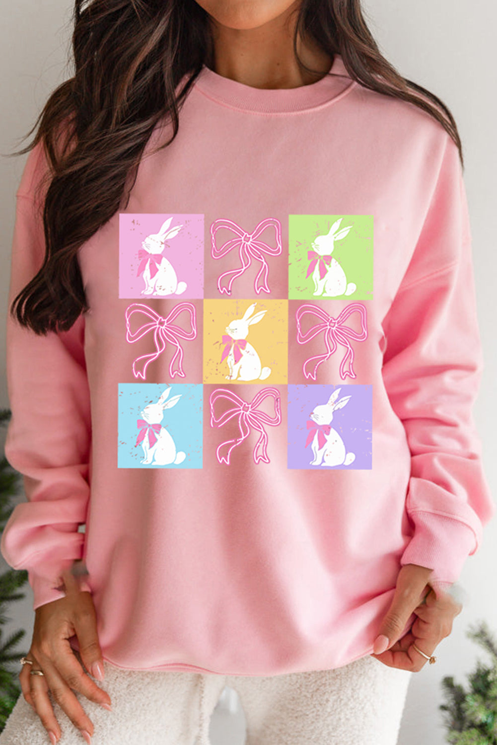 Easter Bunny Checkered Print Sweatshirt