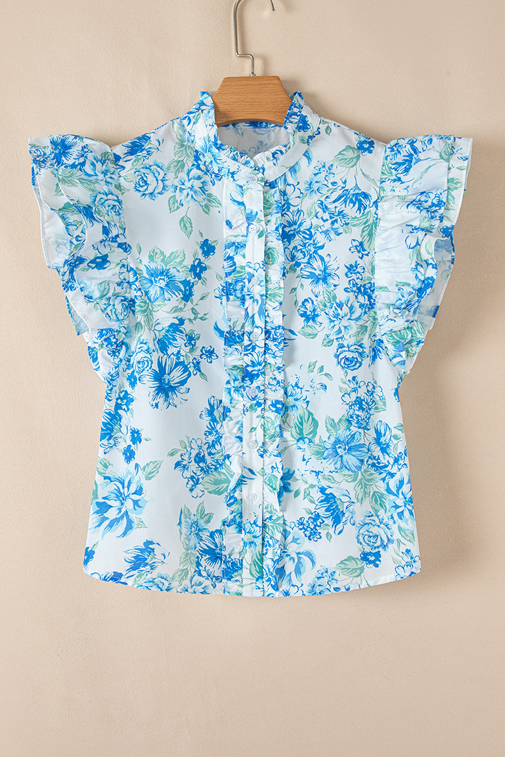 Blue Floral Ruffle Sleeve Shirt