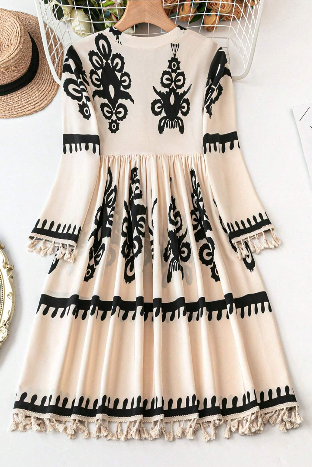 Beige Ethnic Print Notch V Neck Dress