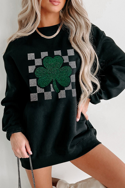 Black Rhinestone Checkerboard Shamrock Sweatshirt