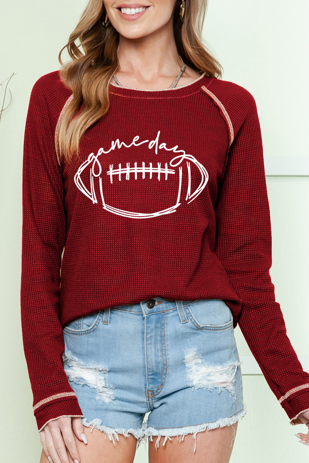 Red Waffleknit Football Sweatshirt