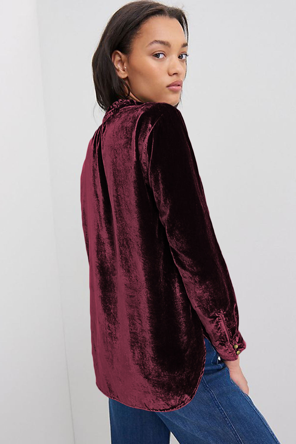 V Neck Buttoned Velvet Blouse