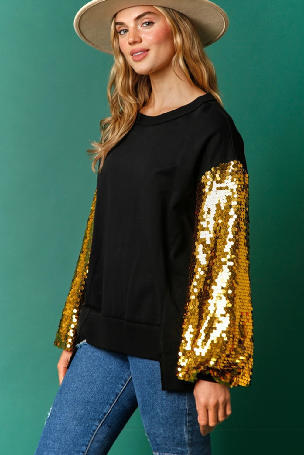 Festive Sequin Lantern Sleeve Sweatshirt