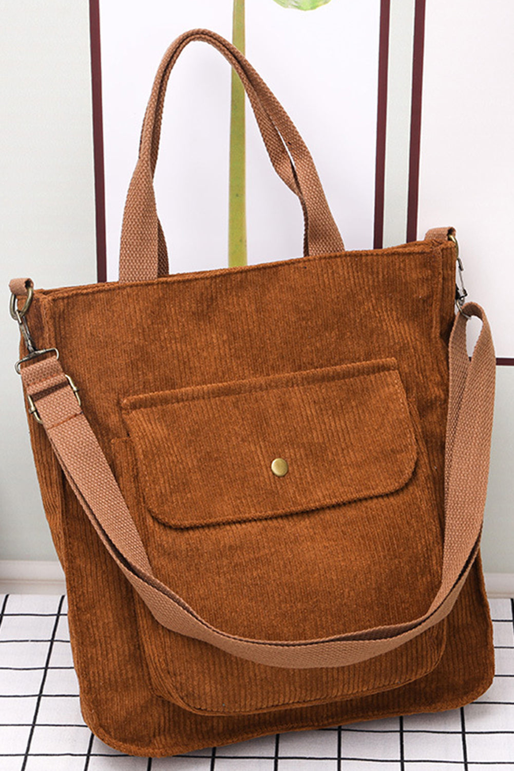 Corduroy Tote Bag with Detachable Strap