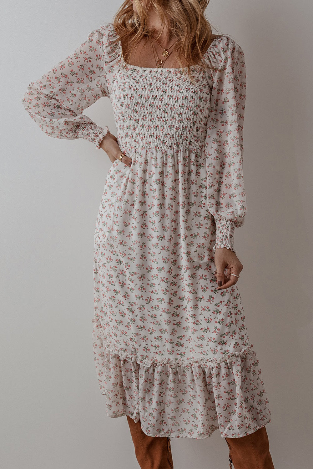 Floral Shirred Ruffled Hem Midi Dress