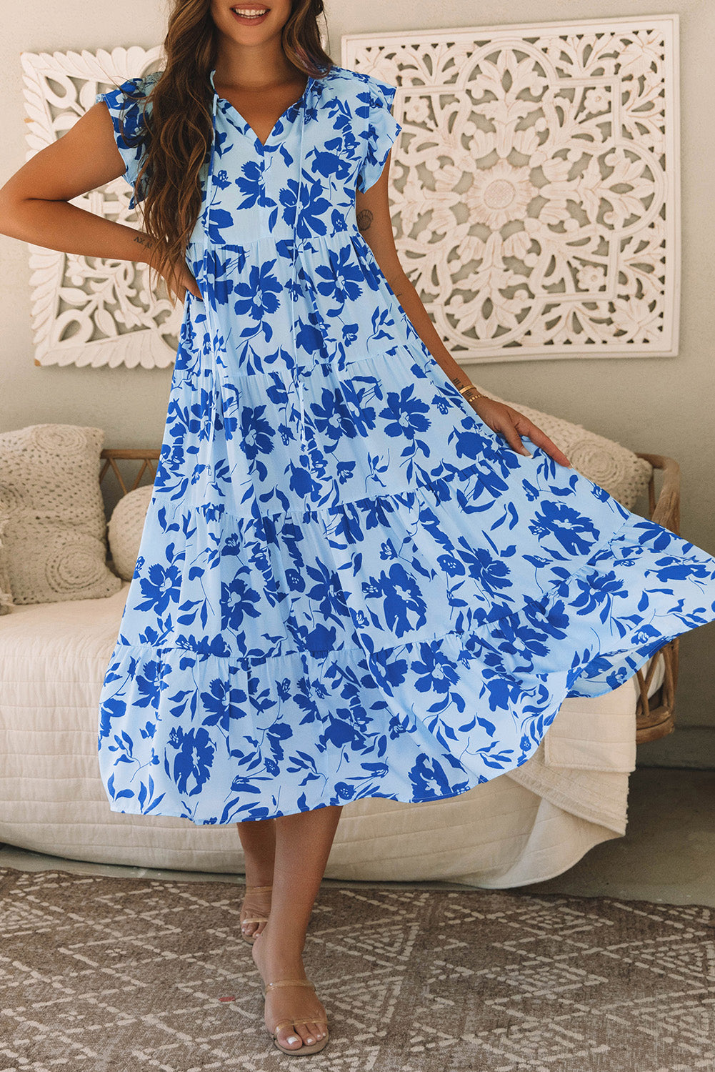 Sky Blue Floral Tiered Maxi Dress