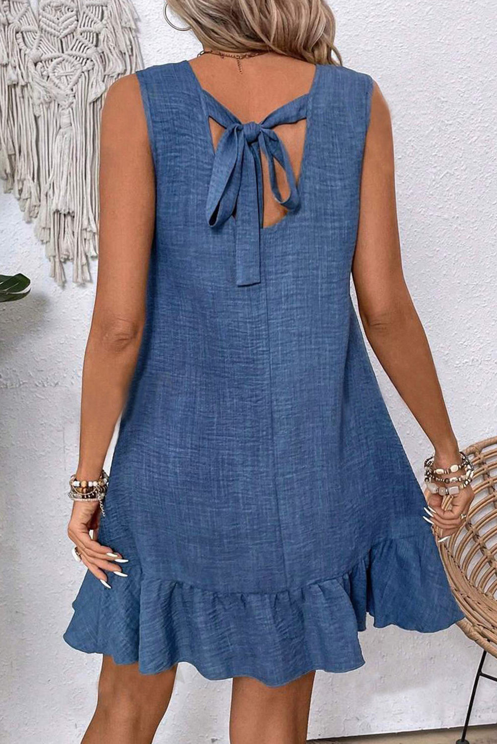 Sleeveless Knot Backless Ruffle Hem Dress