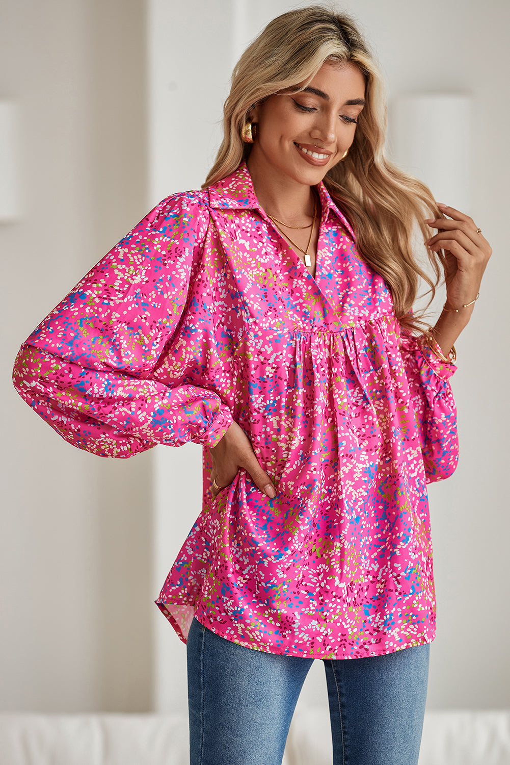 Floral V Neck Babydoll Blouse