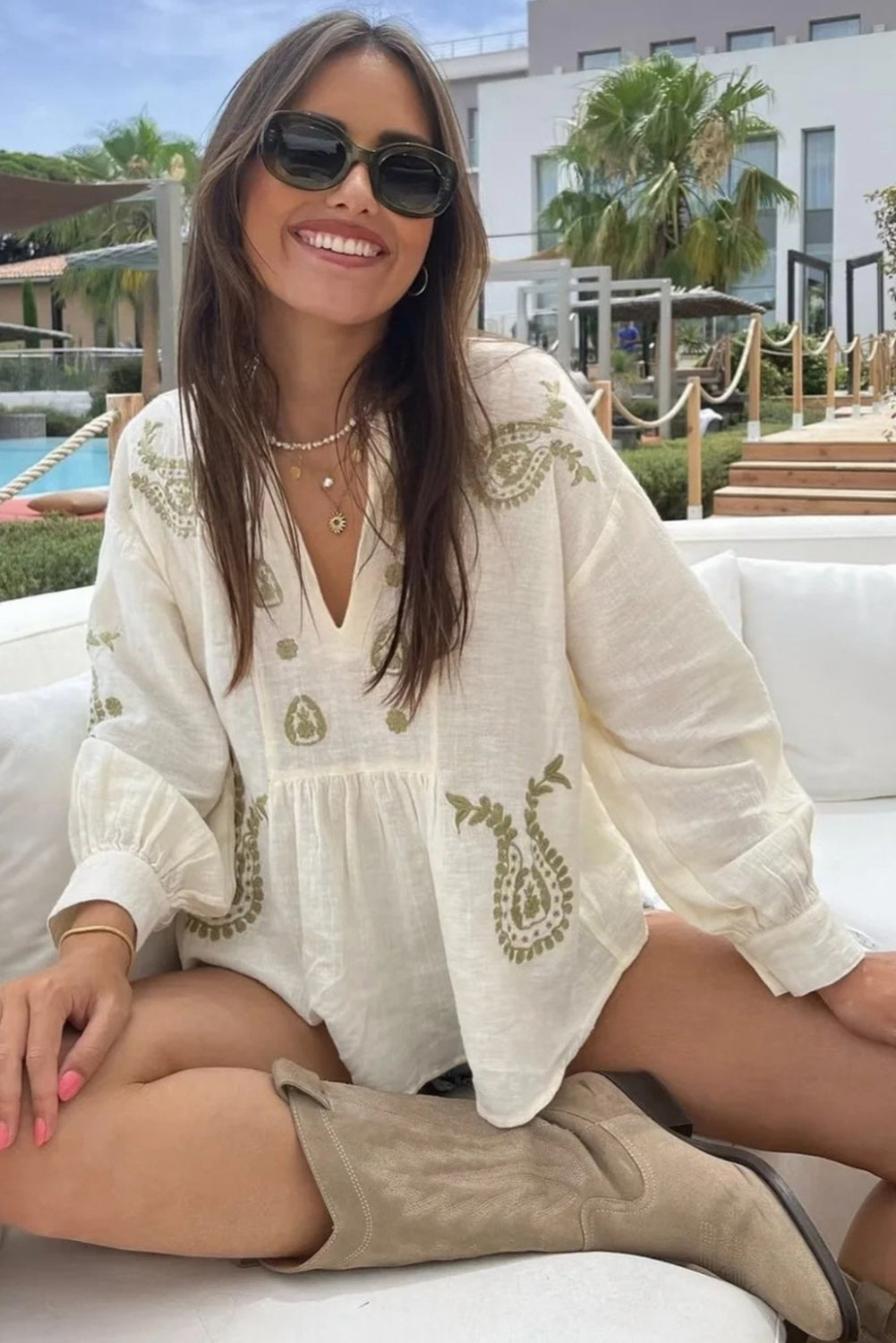 White Boho V Neck  Loose Blouse