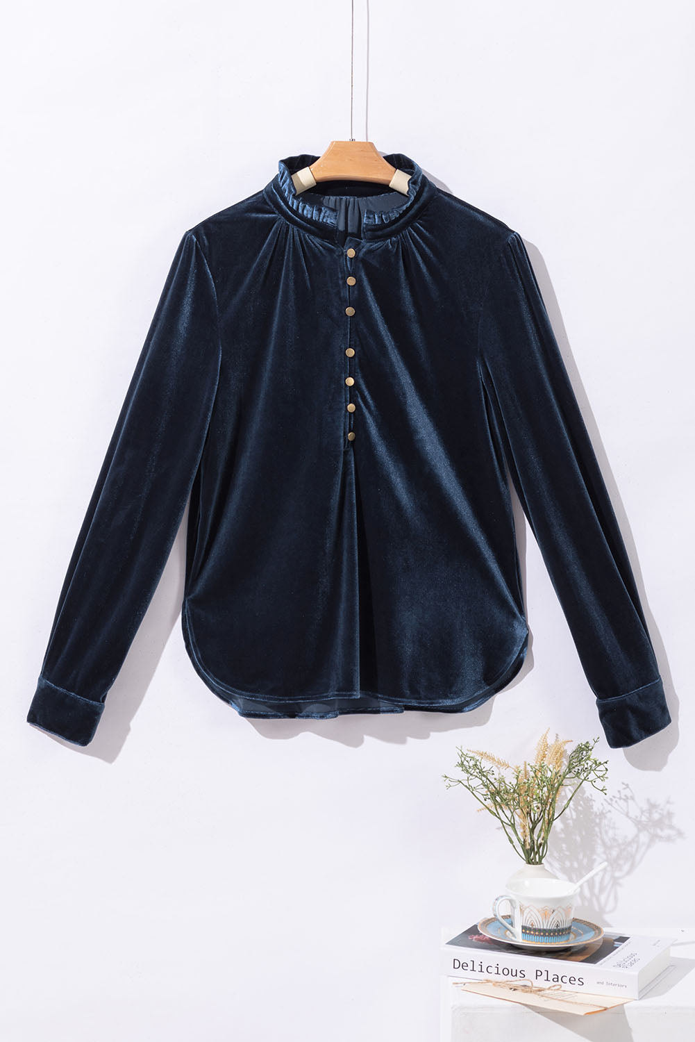 V Neck Buttoned Velvet Blouse