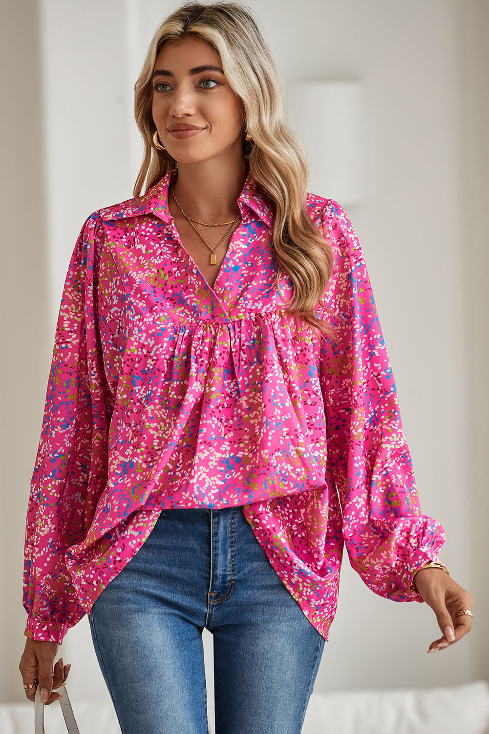 Floral V Neck Babydoll Blouse