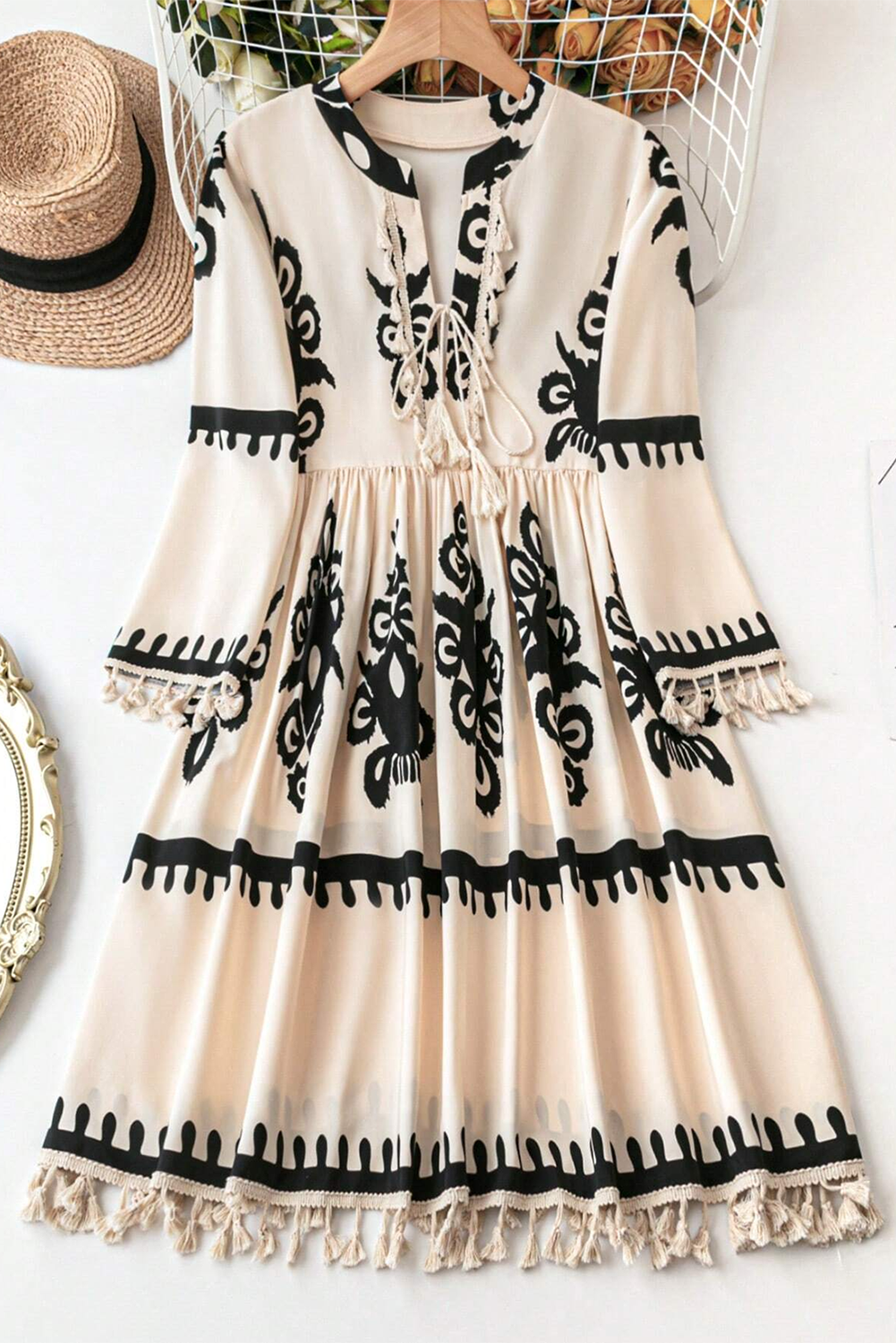 Beige Ethnic Print Notch V Neck Dress