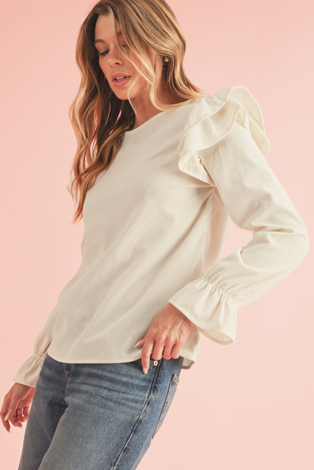 Beige Corduroy Ruffled Sleeve Blouse