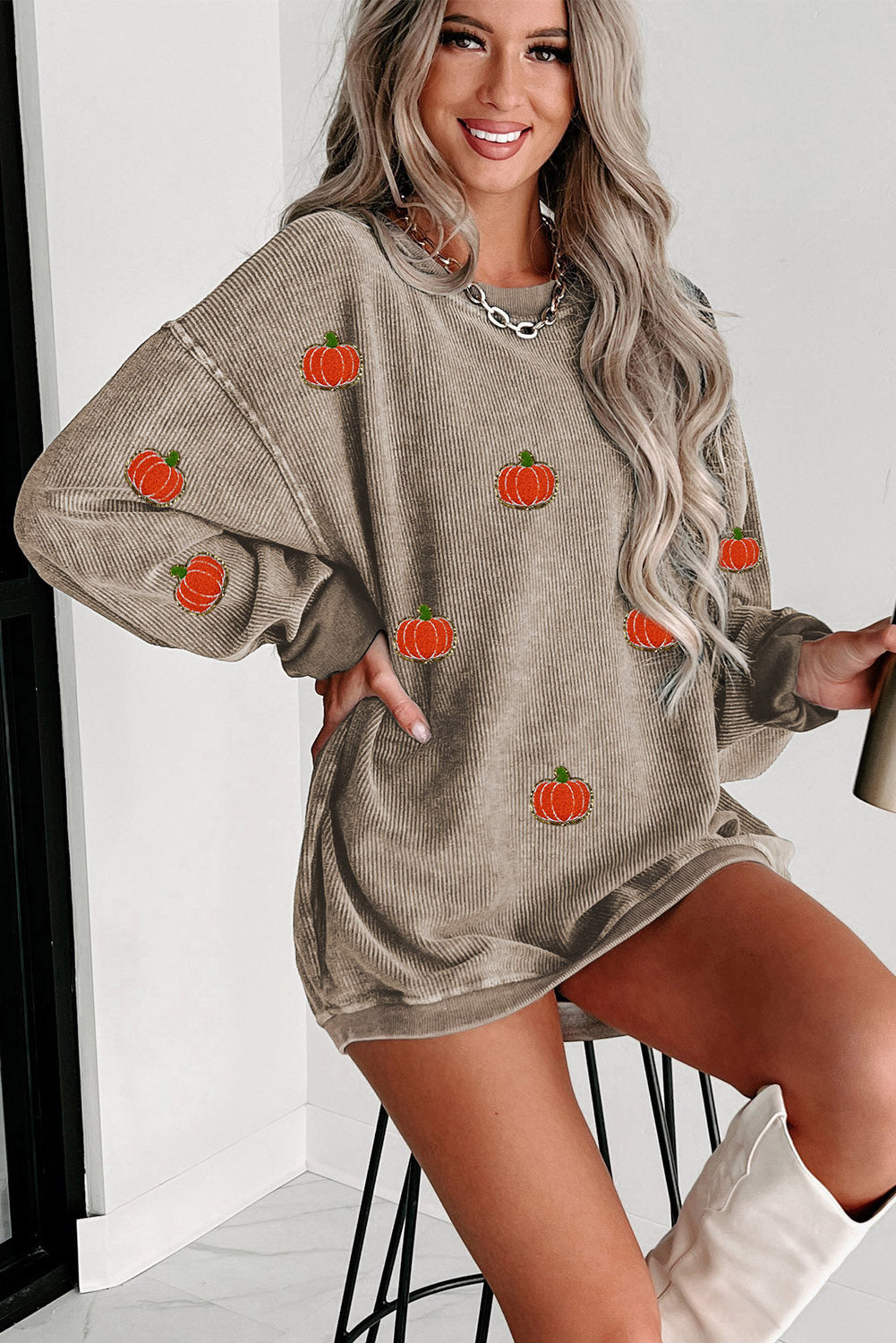 Ribbed Halloween Pumpkin Graphic Sweatshirt