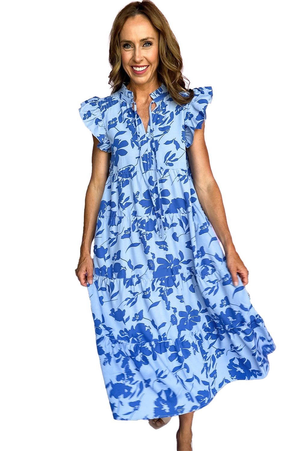 Sky Blue Floral Tiered Maxi Dress