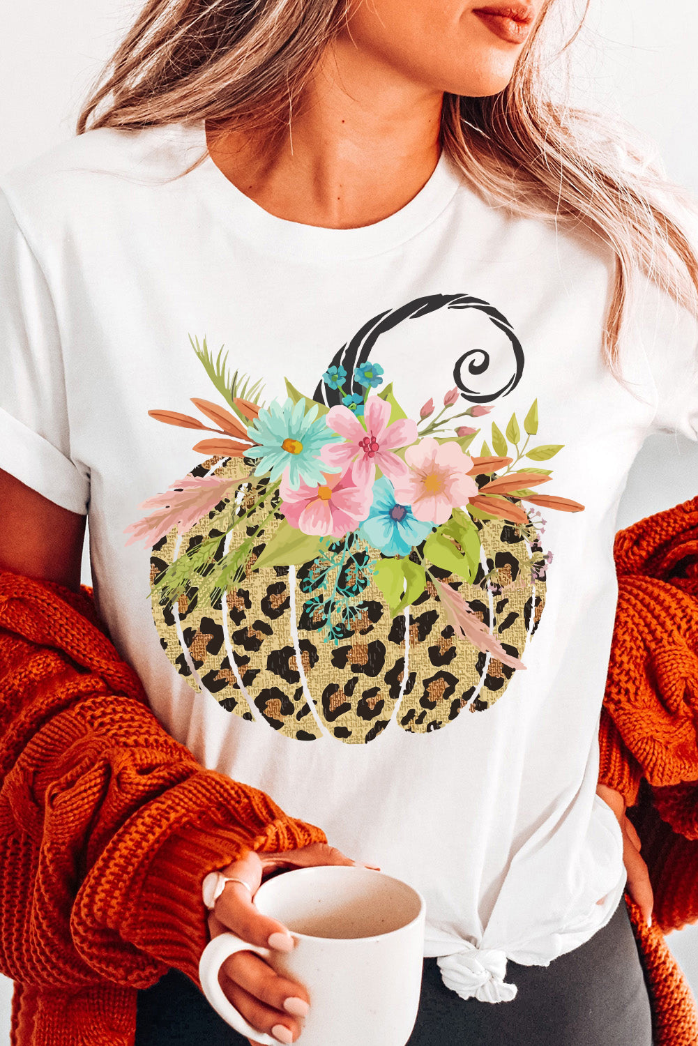 White Floral Leopard Pumpkin T Shirt