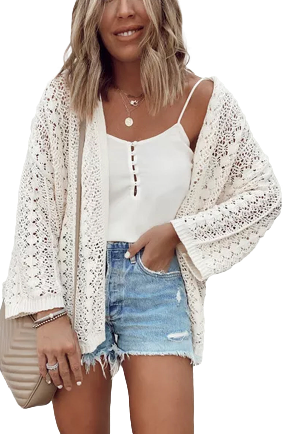 Crochet Knit Open Front Cardigan