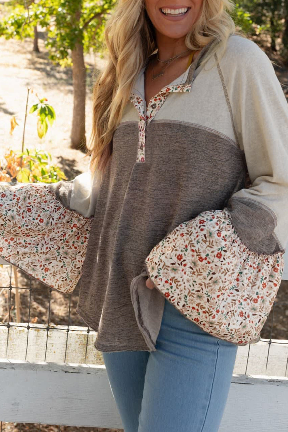 Floral Patchwork Flared Sleeve Henley Top