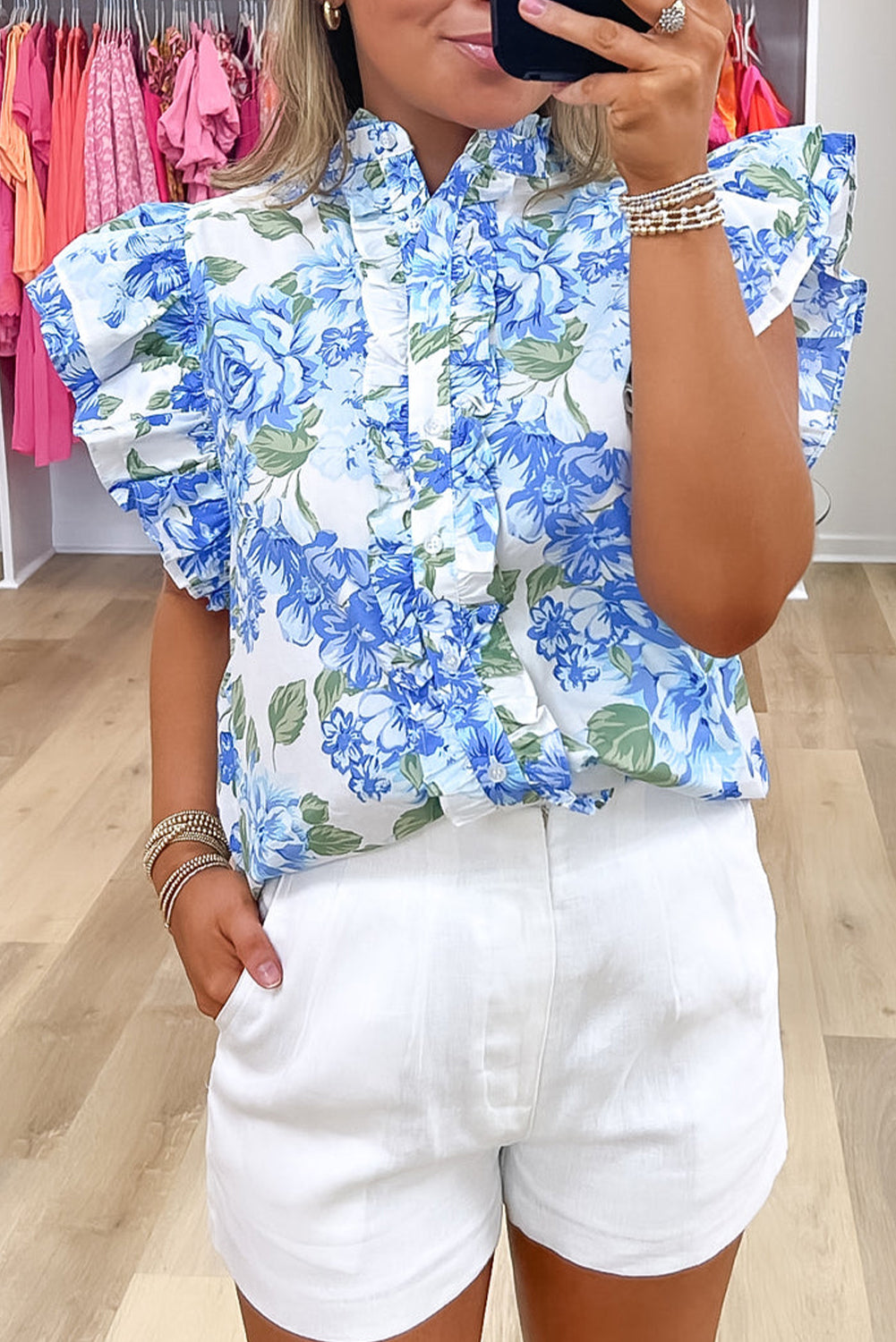 Blue Floral Ruffle Sleeve Shirt