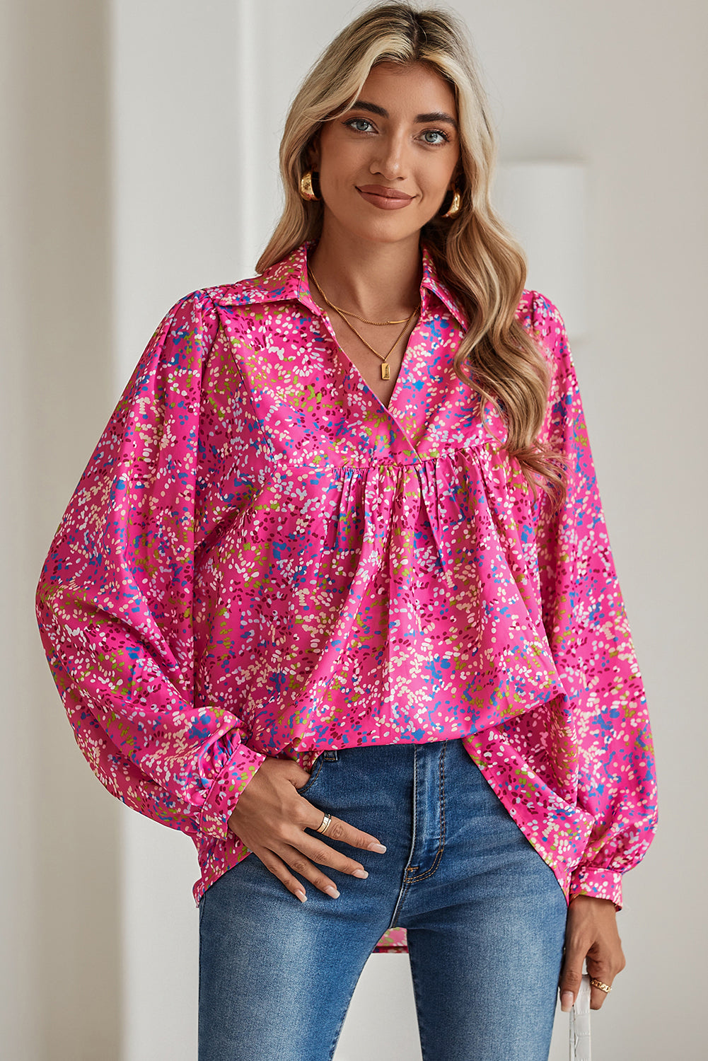 Floral V Neck Babydoll Blouse