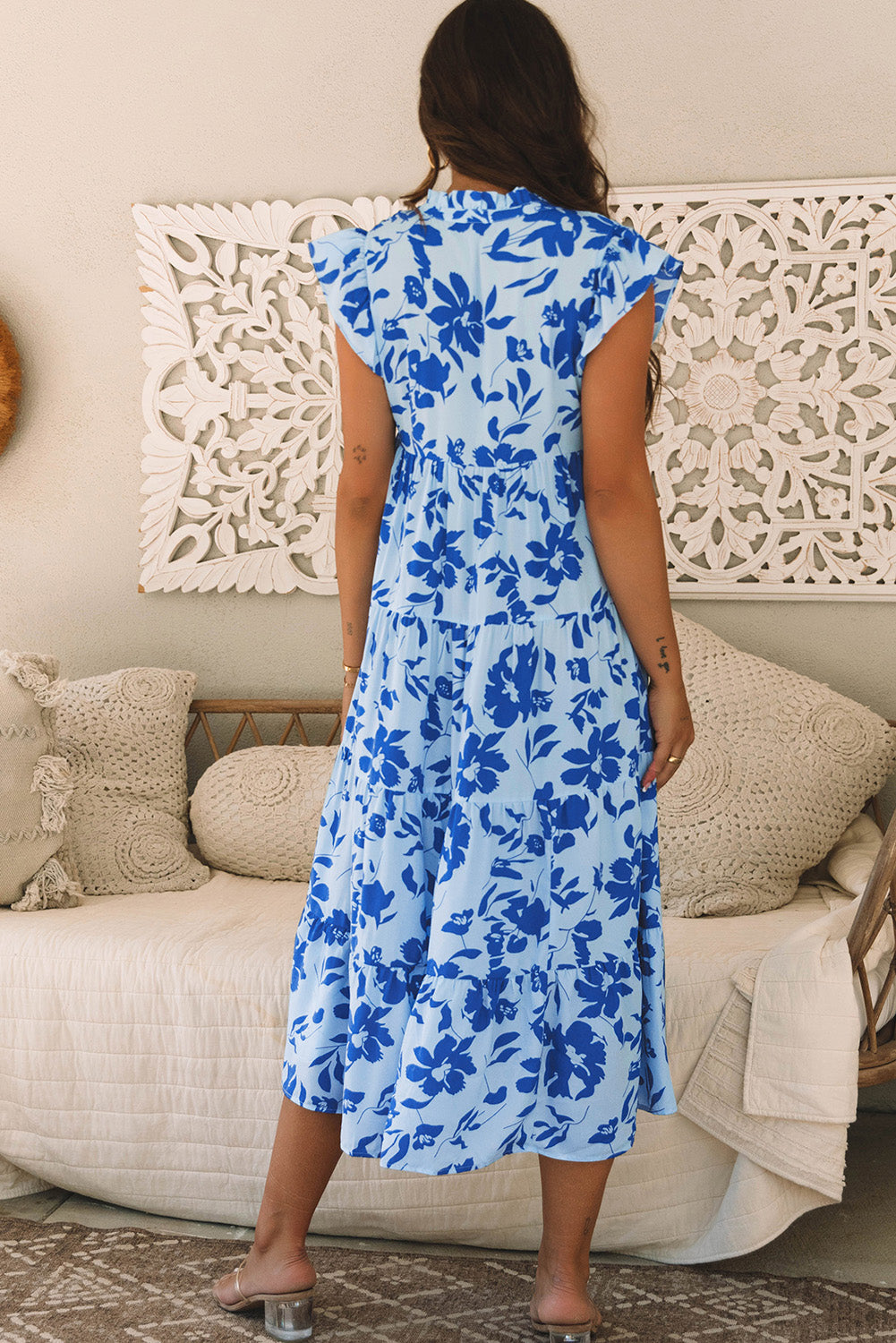 Sky Blue Floral Tiered Maxi Dress